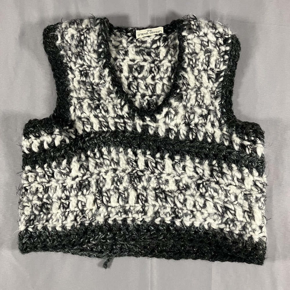 The Crochet Cowgirl Sweater Vest Womens Small Black White Crochet Chunky Striped